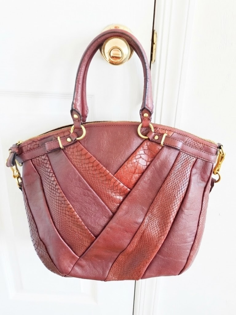 Coach Madison Large Tabacco Pyton/ Leather Patchwork Satchel with Gold Hardware - Picture 5 of 11